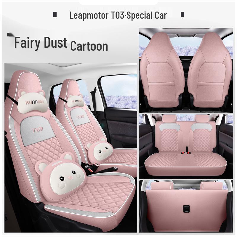 Leapmotor T03 Universal Cartoon Linen Car Seat Cover Set, Full Surround, Four Seasons.