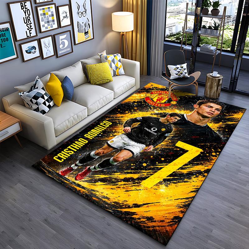 Sports Area Rug, Cristiano Ronaldo Manchester United Black Vodafone Number 7 Oil Paint Yellow Splash Print, Fan Decor, Non-Slip Mat