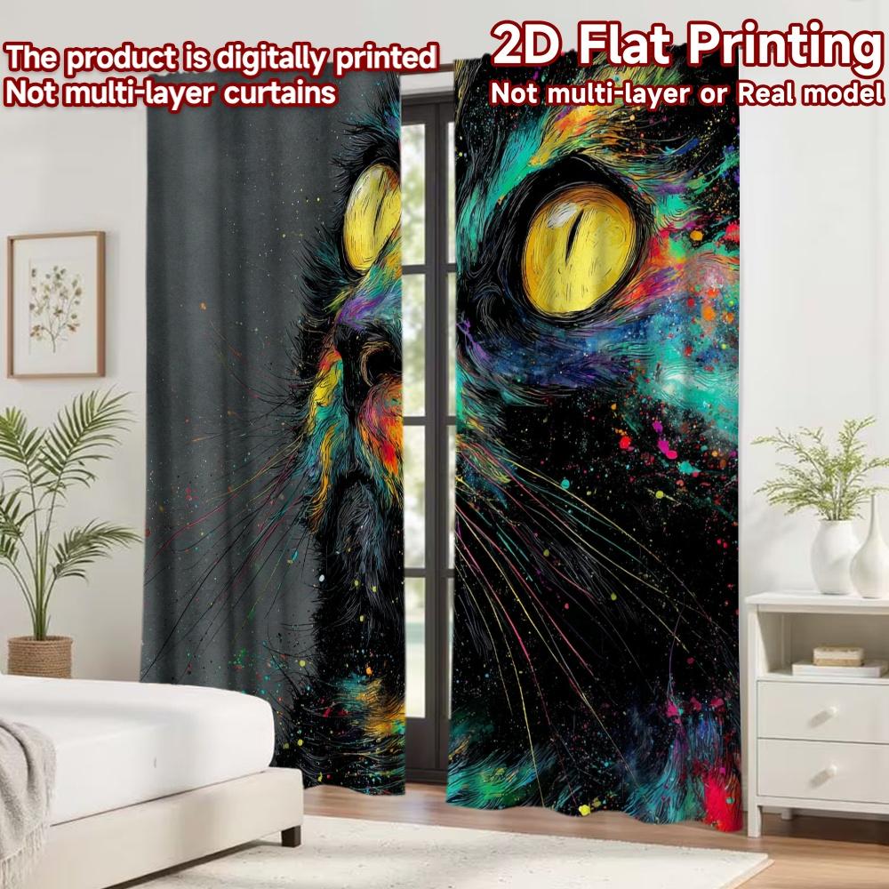 2D Flat Printing 2pcs Curtain Curtain Colorful Starry Cat Digital Printed Polyester Drapes Birthday Party Perfect for Holiday