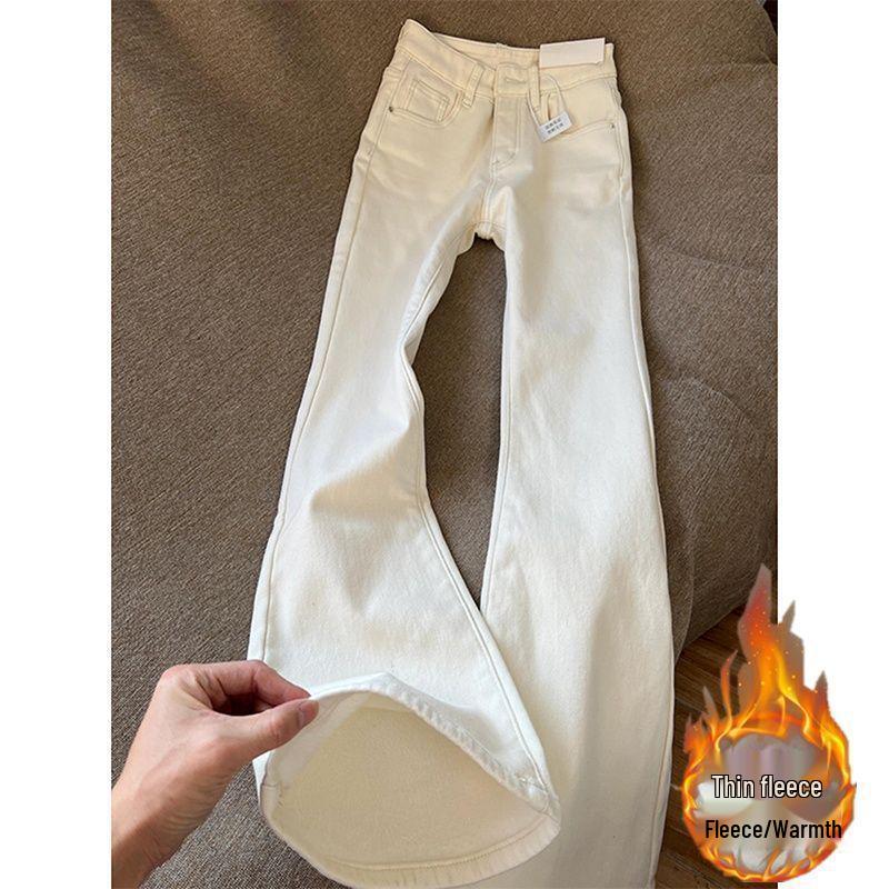 Women's White Velvet High-Waist Flare Jeans - Slimming Bell Bottoms for Autumn/Winter