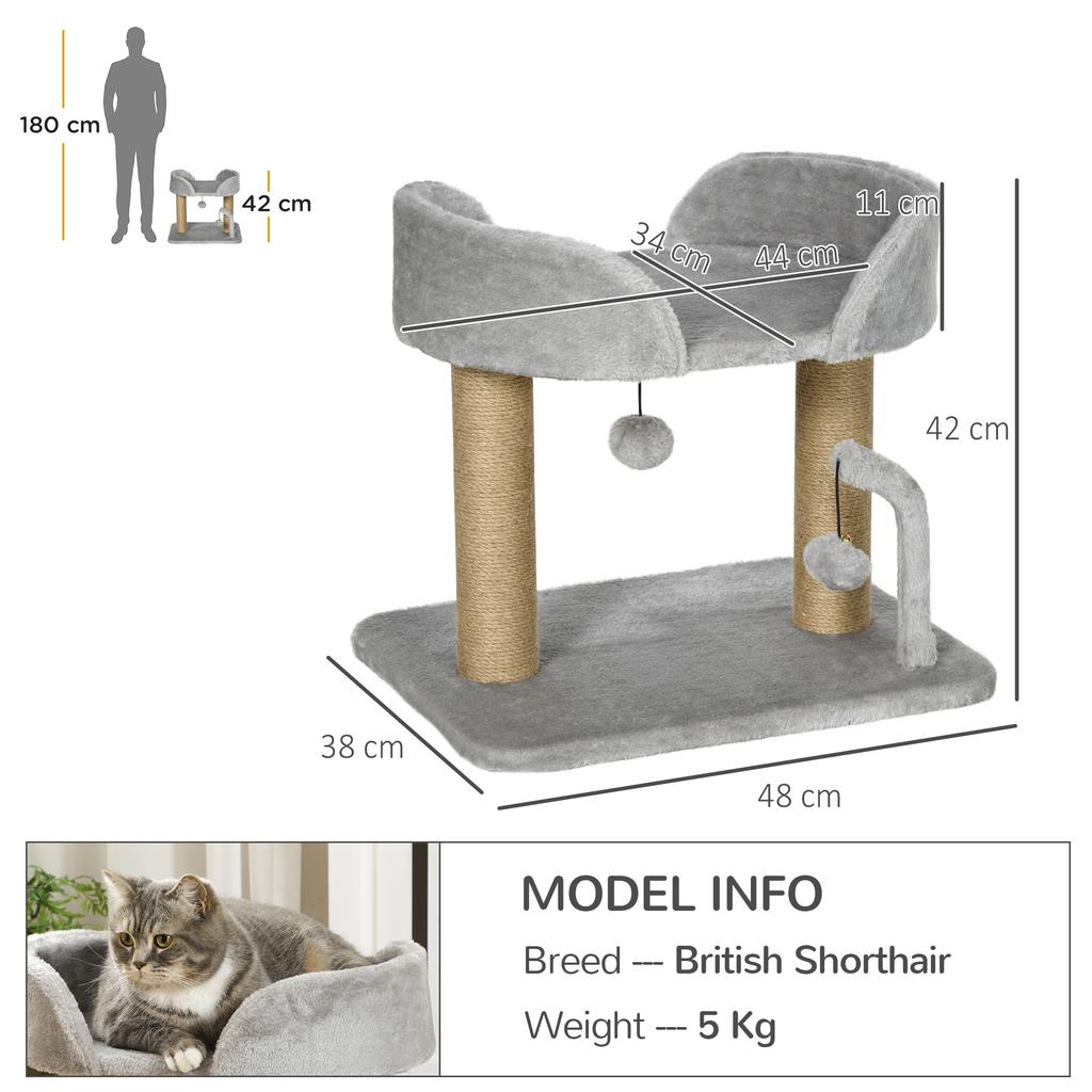 Cat Tree with Jute Scratching Post, Bed and Balls, 48x38x42 cm, Grey