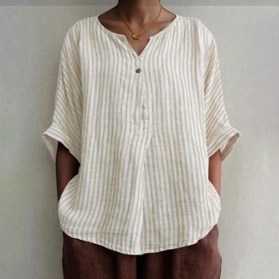 

Простая повседневная блузка с винтажным полосатым принтом, женская блузка с v-образным вырезом и половиной рукавом, свободный крой, тонкие летние топы, дышащая футболка, уличная одежда