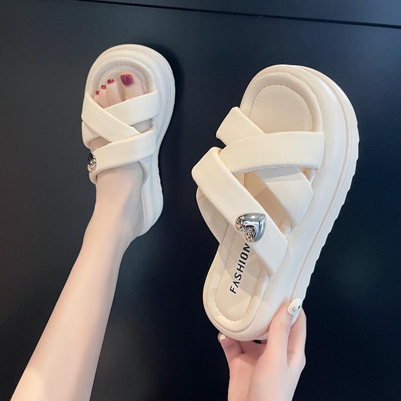 Thick Bottom Soft Rubber Women's Non-slip Heightened Home Casual Slippers Summer Outdoor White With Solid Color Sandals Slippers