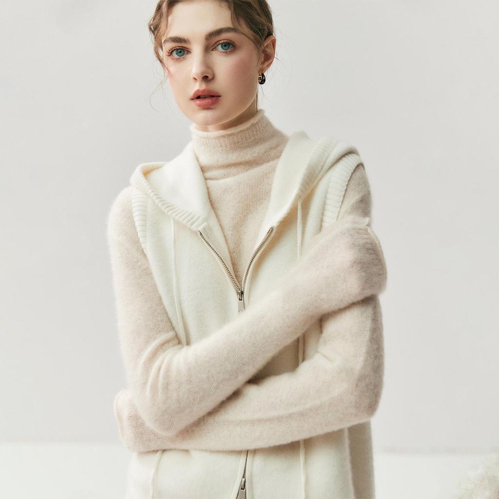 Women's Hooded Cashmere Knit Vest - Zippered, Sleeveless, Drawstring Cape for Autumn/Winter