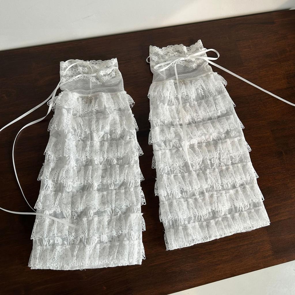 Sweet Lace-trimmed Leg Covers Harajuku Lolita Socks Tiered Ruffle Foot Cover with Drawstring Ribbon Princess Mesh Leg Sleeves