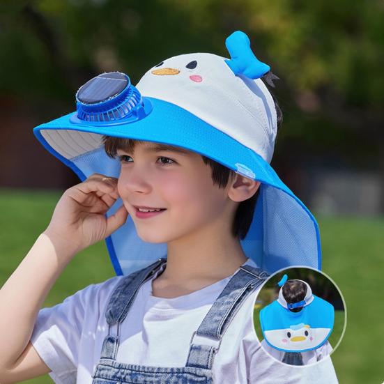 Kids Hat with Solar USB Powered Fan Cartoon Styling Shawl Design Adjustable Outdoor Hiking Cycling Fishing Cap