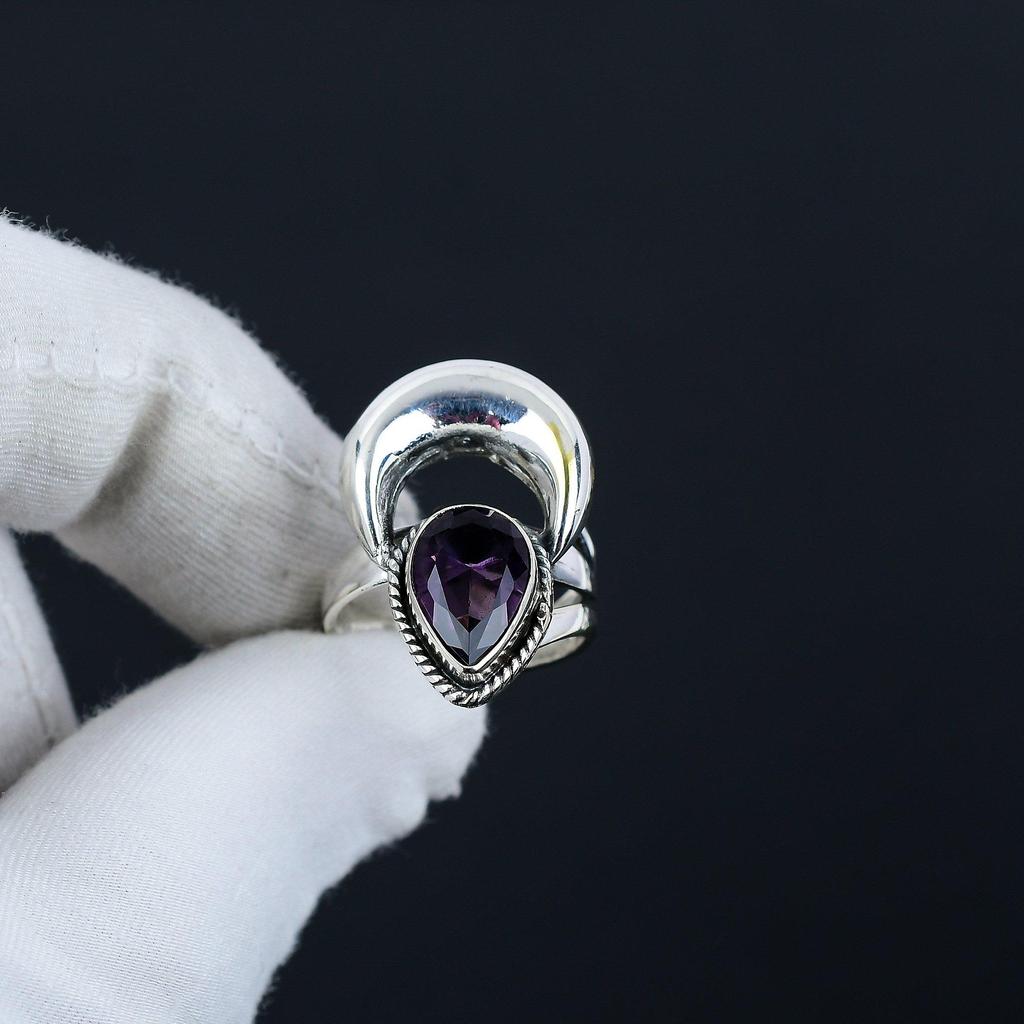 Amethyst Adjustable 925 Sterling Silver Ring - Fits US Sizes 6 To 10 - Handmade Boho Jewelry for Women & Men, Valentine Gifts