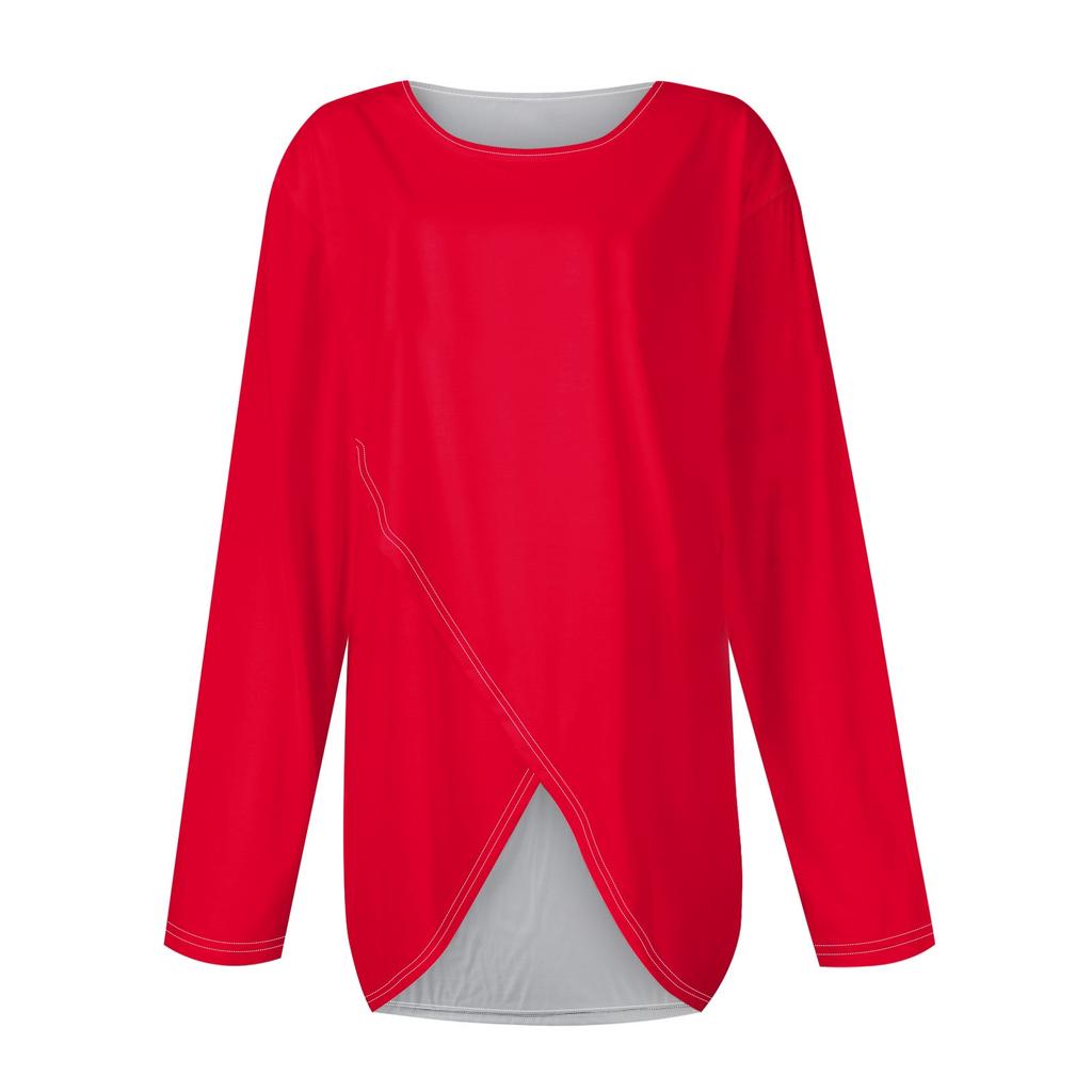 Women's Fashion Casual Color Long Sleeve Round Neck Cross Hem T-Shirt Top