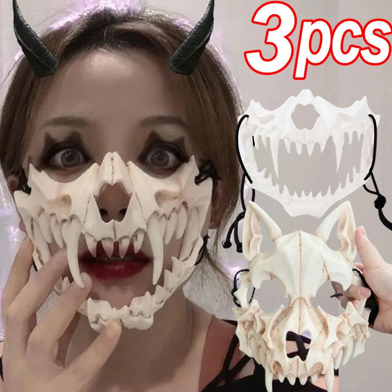 2025 New Halloween Mask Half-face Mask Cos Dragon God Fierce Tiger Night Fork Tengu Man Wolf Mask Performance Skull Masks