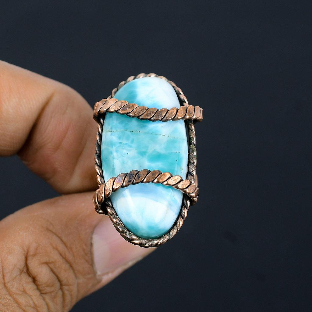 Larimar Gemstone Copper Wire Wrapped Handmade Jewelry Ring For Gift