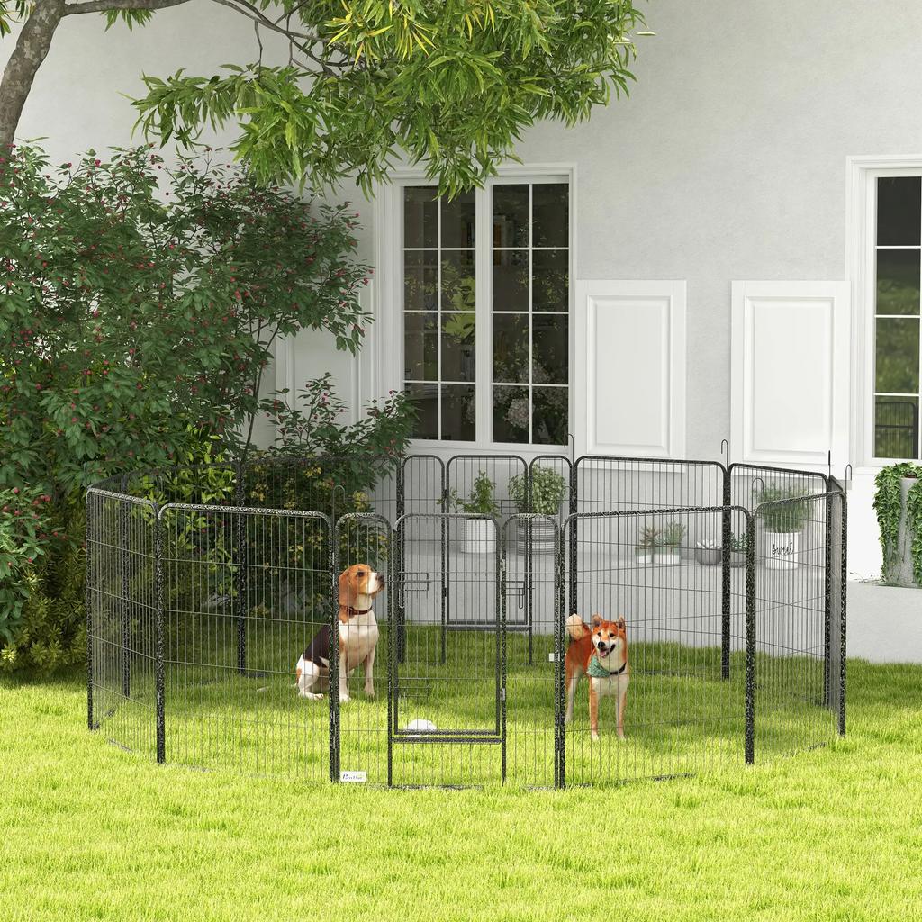 PawHut 12-Panel Folding Puppy Playpen with 2 Doors, Steel Panels 80 x 100 cm Each, Grey
