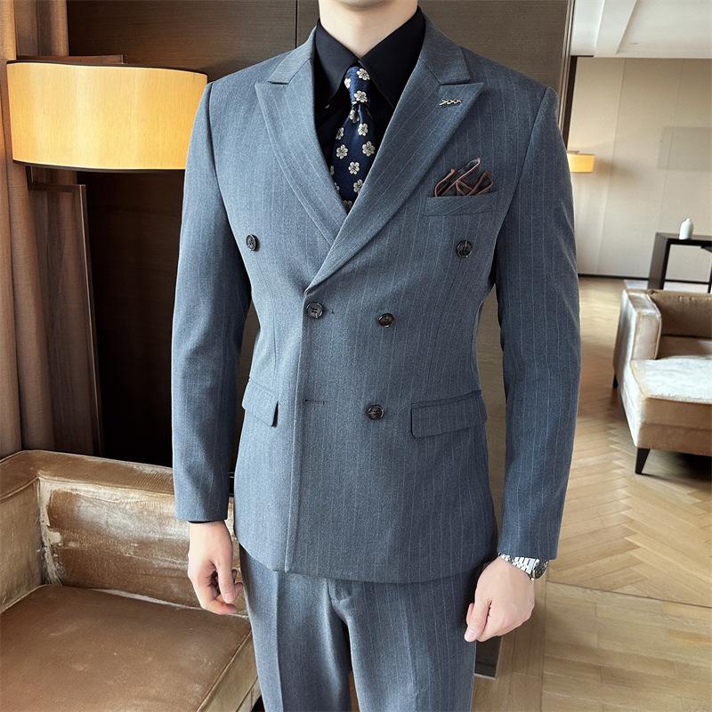 Men's Striped Double-Breasted Slim-Fit Business Casual Suit