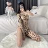 Sexy Lingerie Sexy Flirting Hot Leopard Print Open File Jumpsuit Bed Passion Net Suit Onesie Pajamas Women