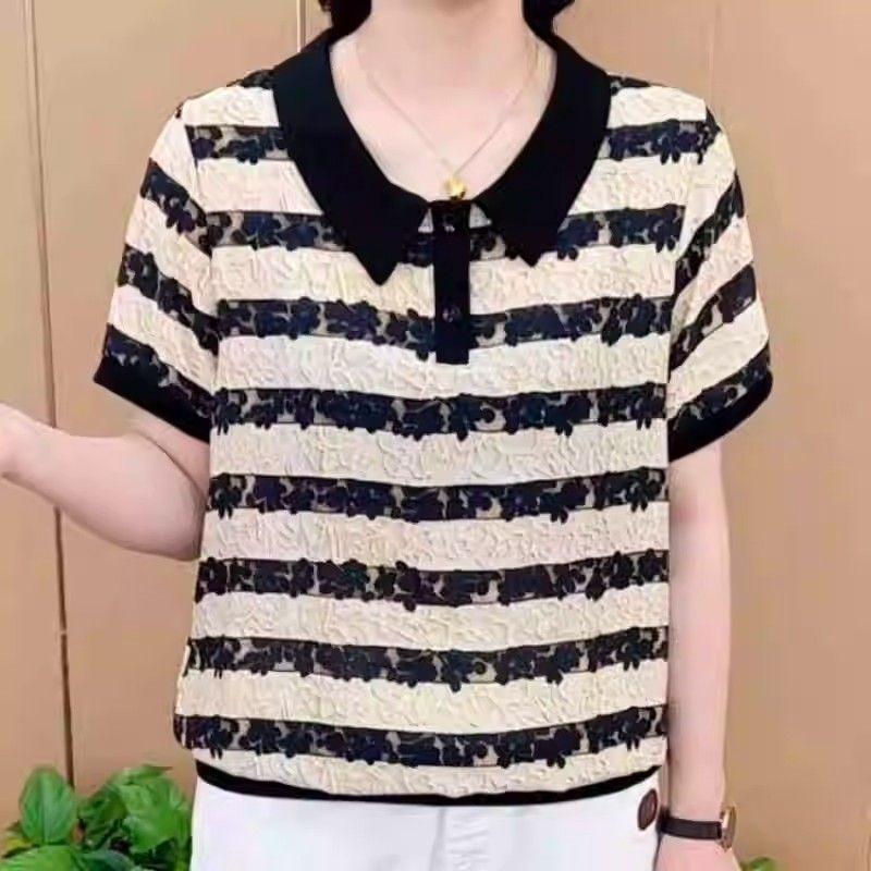 

Летняя футболка в полоску с лацканами, свободная и тонкая рубашка, женская летняя футболка с коротким рукавом для ношения под низ M