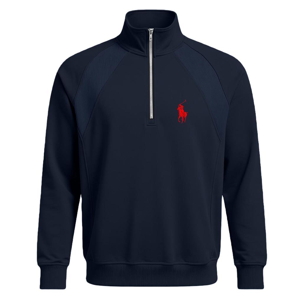 Autumn Men's Versatile Printed POLO Stand Collar Half-Zip Plus Velvet Casual Sports Sweatshirt Jacket