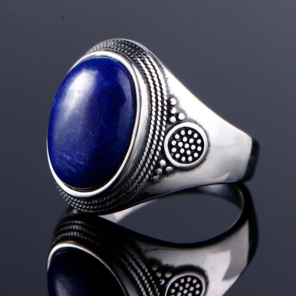 Silver S925 Ring Natural Big Oval Lapis Rings for Men Women Retro Luxury Fine Jewelry Party Anniversary Gift