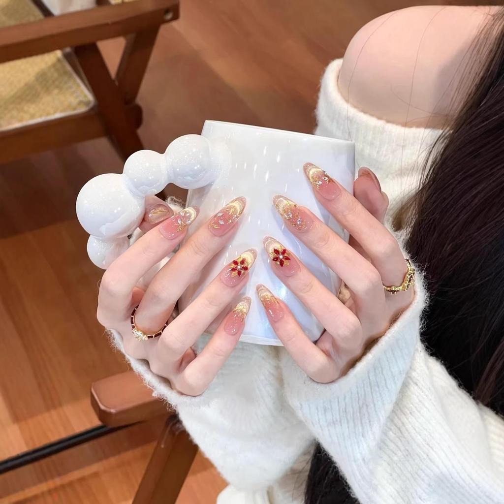 Elegant French Manicure Cat Eye Petal Series Medium-Long Oval Press-on Nails