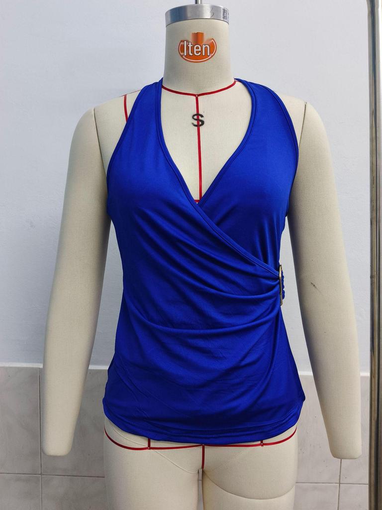 Women's Solid Color Sleeveless V-neck Halter Backless Top - Summer Style
