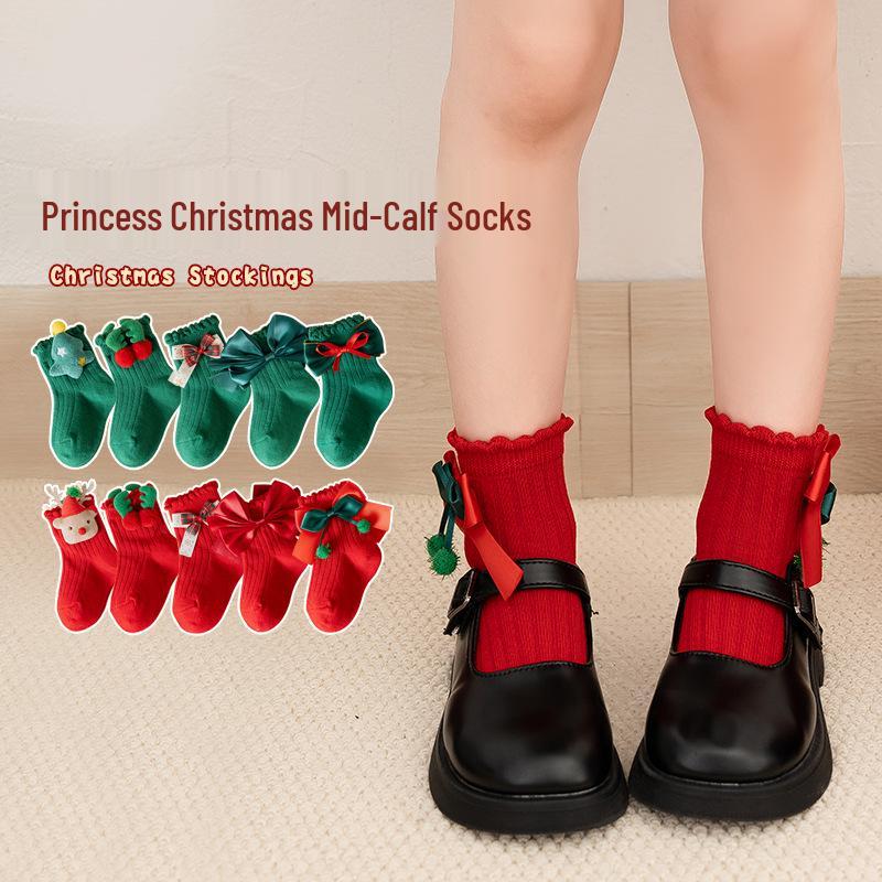 Children's Red Cartoon Christmas Socks - Cute Winter Girls' Princess Socks for New Year