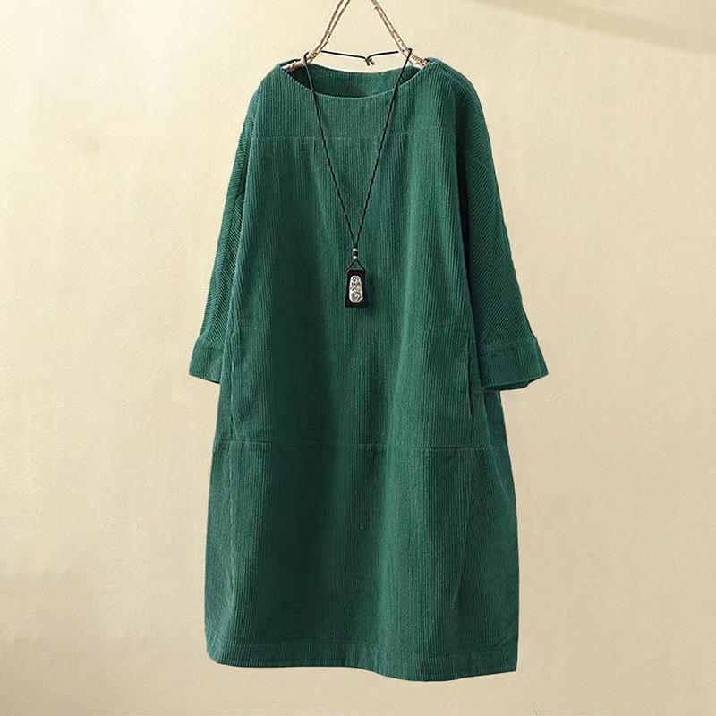 Women's Round Neck Long Sleeve Corduroy Midi Dress Loose A-Line Dress Vintage Retro Solid Color Casual Plus Size Shift Dress