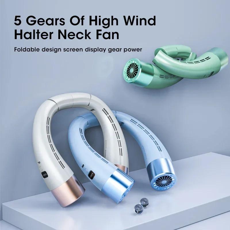 USB Rechargeable Portable Neck Fan 5-Speed Mini Air Cooler with Digital Display Foldable Hands Free Design