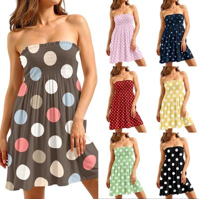 Women Sleeveless Strapless Tube Dress Polka Dot Print Casual Summer Mini Dress Elastic Smocked Bodice Flared Skirt