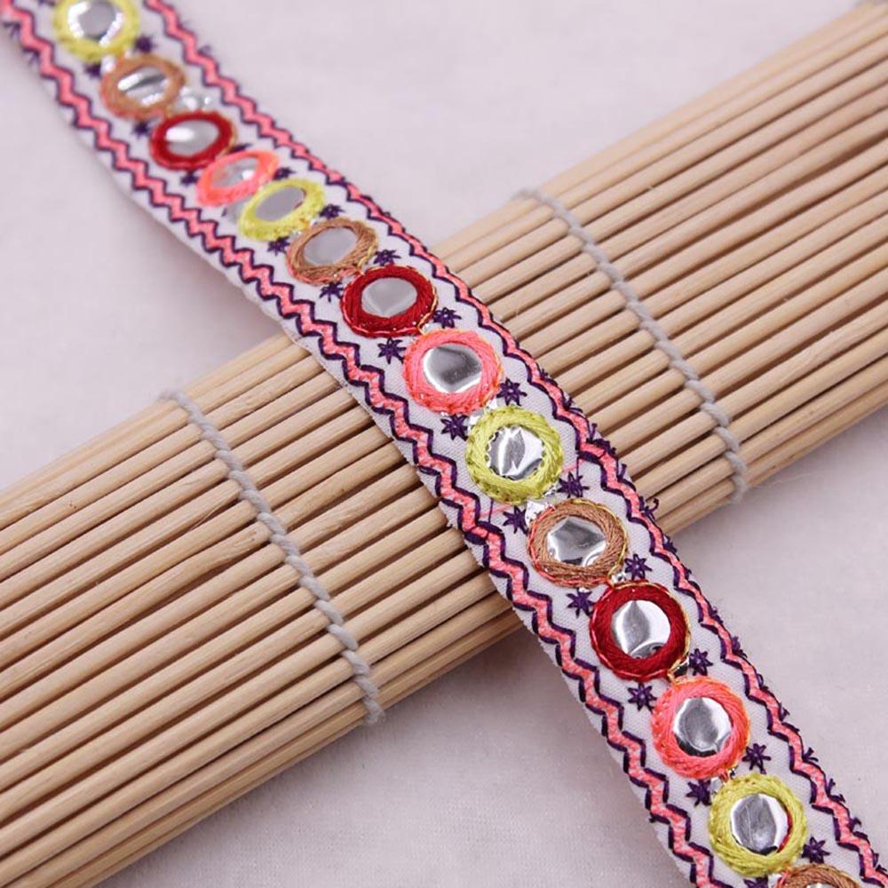 1 yard Handmade Ethnic Mirror Embroidered Webbing Indian Lace Trim DIY Sewing Net Yarn Ribbons Clothing Decorative