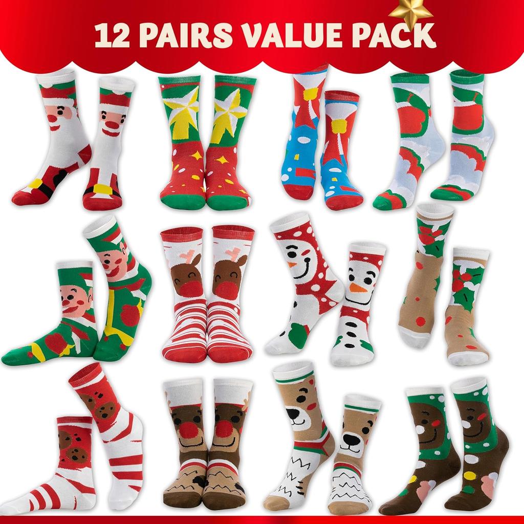 JOYFY 12 Pairs Christmas Socks Christmas Crew Socks for Women Holiday or Birthday Gift