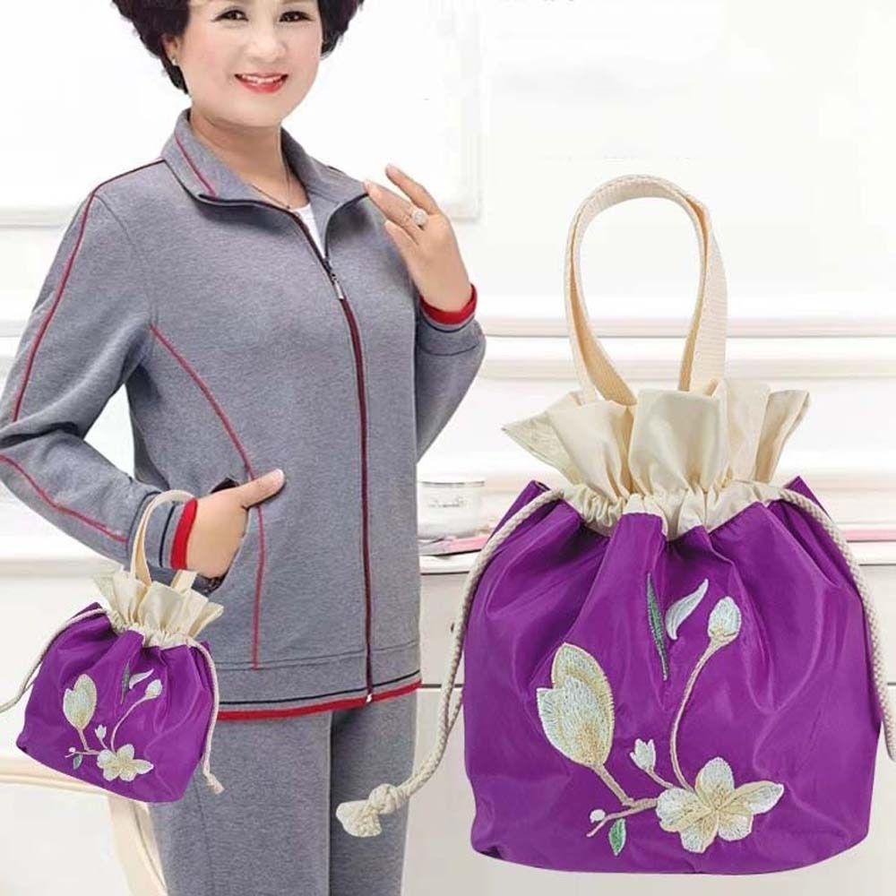 Satin Silk Embroidery Flower Handbag Ruffle Floral Bucket Bag Sweet Hanfu Drawstrings Bag  Shopping