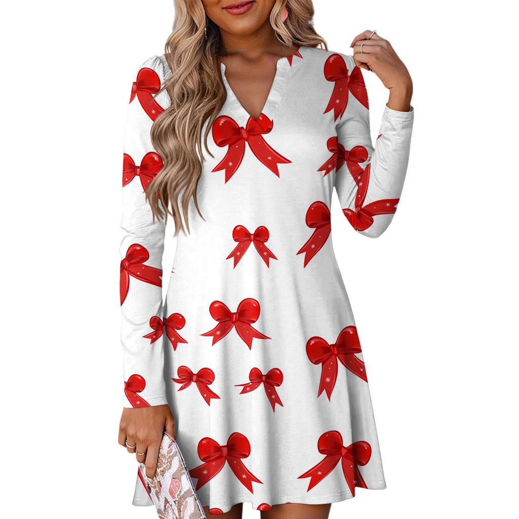 Women's Christmas Printed Dress Loose V-neck Casual Long Sleeved Dress