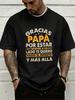 Charcoal Grey Male Short Sleeve Top Gracias Papa Spanish Slogan Vintage Print Loose Cotton Fathers Present Street Casual Outfit