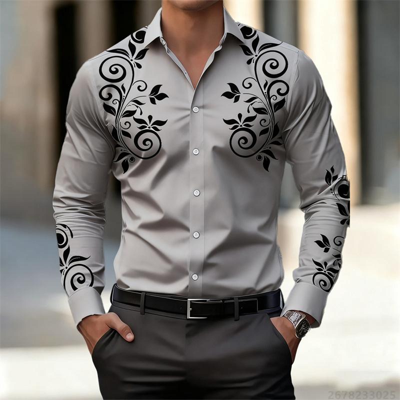 Men's Retro Art Pattern Long Sleeve Shirt Fashion Slim Lapel Personalized Print Shirt Multiple Colors Optional Men's Tops