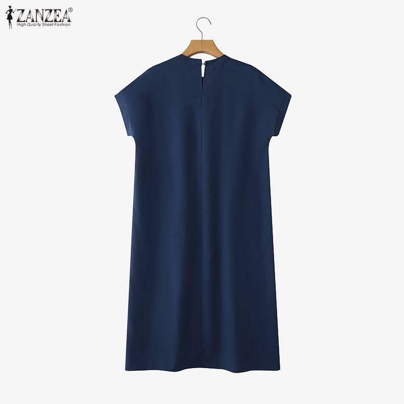 ZANZEA Women Casual Round Neck Solid Color Loose Short Sleeve Dress