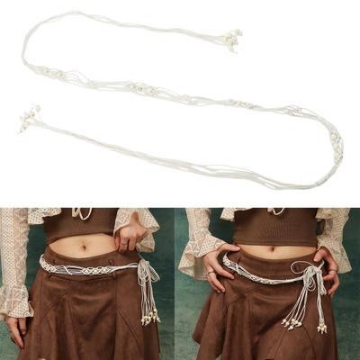 Bohemian Style Woven Cotton Belt Women Waist Chain Handmade with Wooden Beads Fringe Detailing Multipurpose Jewelry