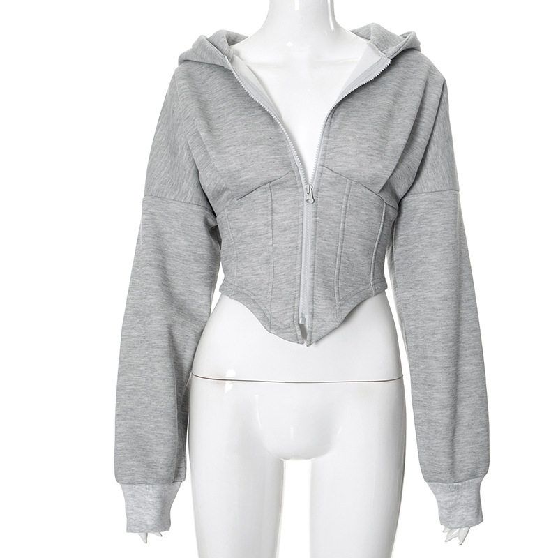 

G24Tp143 European and American Cross-Border Women s Clothing Autumn and Winter New Casual Zipper Long-Sleeved Hooded Cardigan Short Jacket Top Gray S