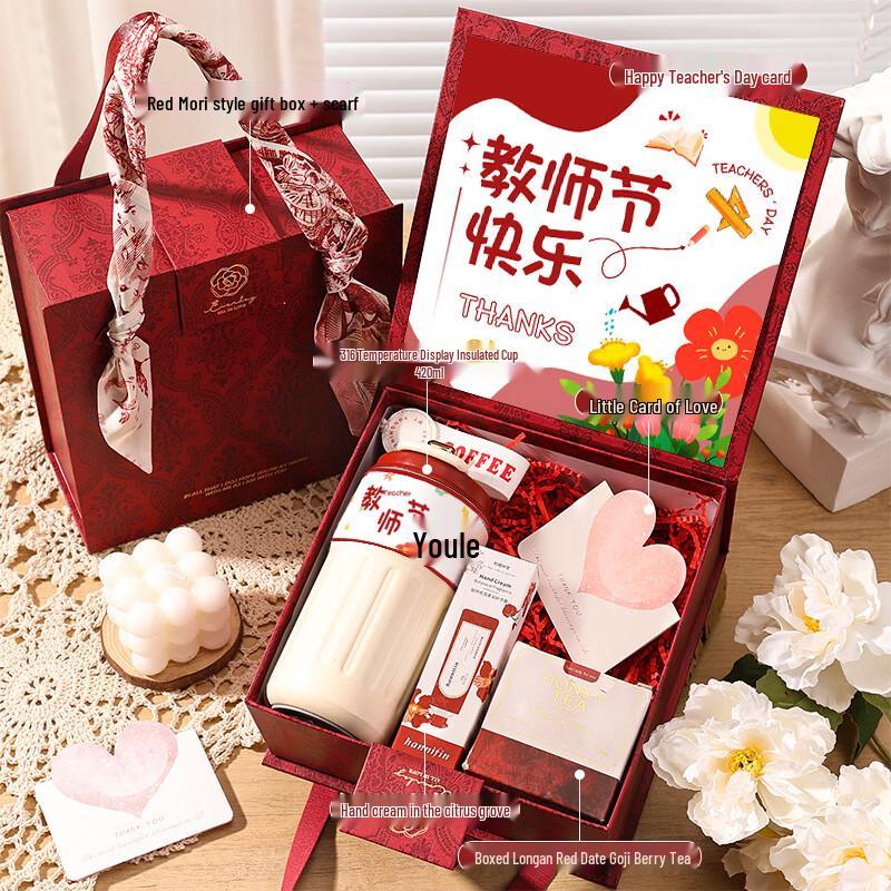 Teacher s Day Gift Set with Thermos, Hand Cream & Tea Red Gift Box 03