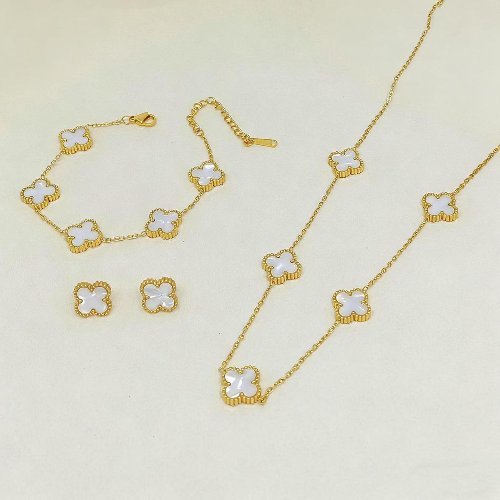 Set de Joyería de Acero de Titanio Madreperla Doble Cara Trébol de Cuatro Hojas con Pulsera, Collar y Pendientes