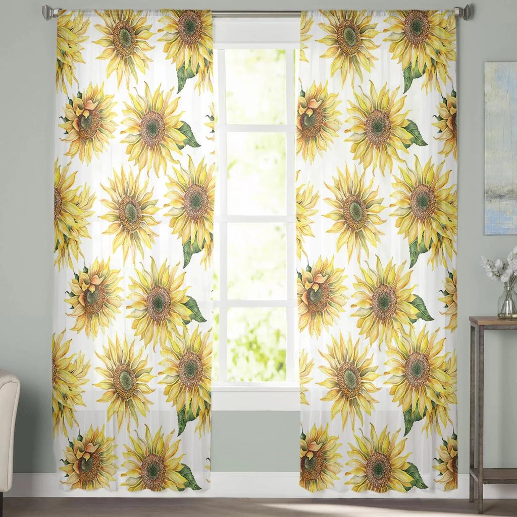 Modern Sunflower Tulle Curtains Living Room Kitchen Bedroom Cafe Hotel Home Decor Curtain With Sheer Polyester Perfect For