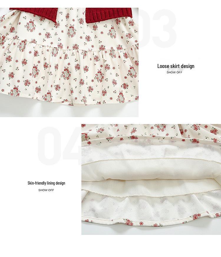 2025 Autumn Floral Dress & Sweater Vest Set for Girls – Fashionable Princess Outfit