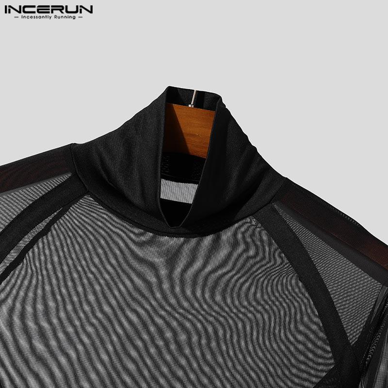 INCERUN Men High Neck Long Sleeve Mesh Sheer Stitching Party Clubwear Tops