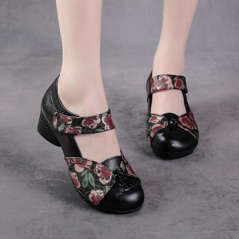 New Spring Low Heel Thick Heel Casual Women's Shoes Ethnic Style Genuine Leather Printed Women's Singles Shoes Comfortable Middle-aged Mother