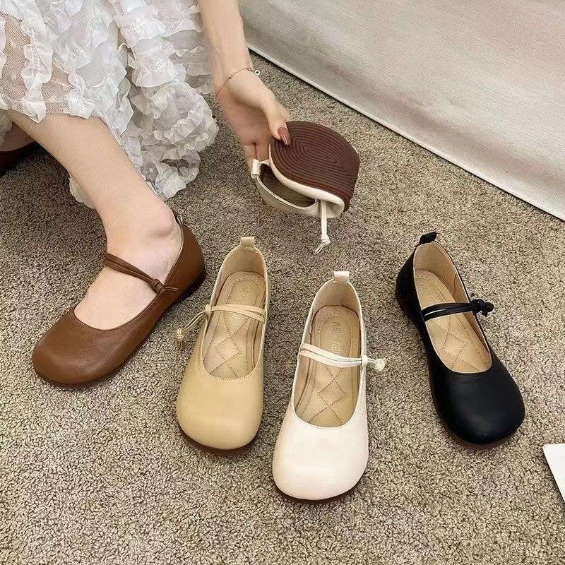 Mit Rock Einzelschuhe Damen 2025 Frühling und Sommer Abendschuhe neue Mary Janes vielseitige weiche Leder Beanie Ballerinas