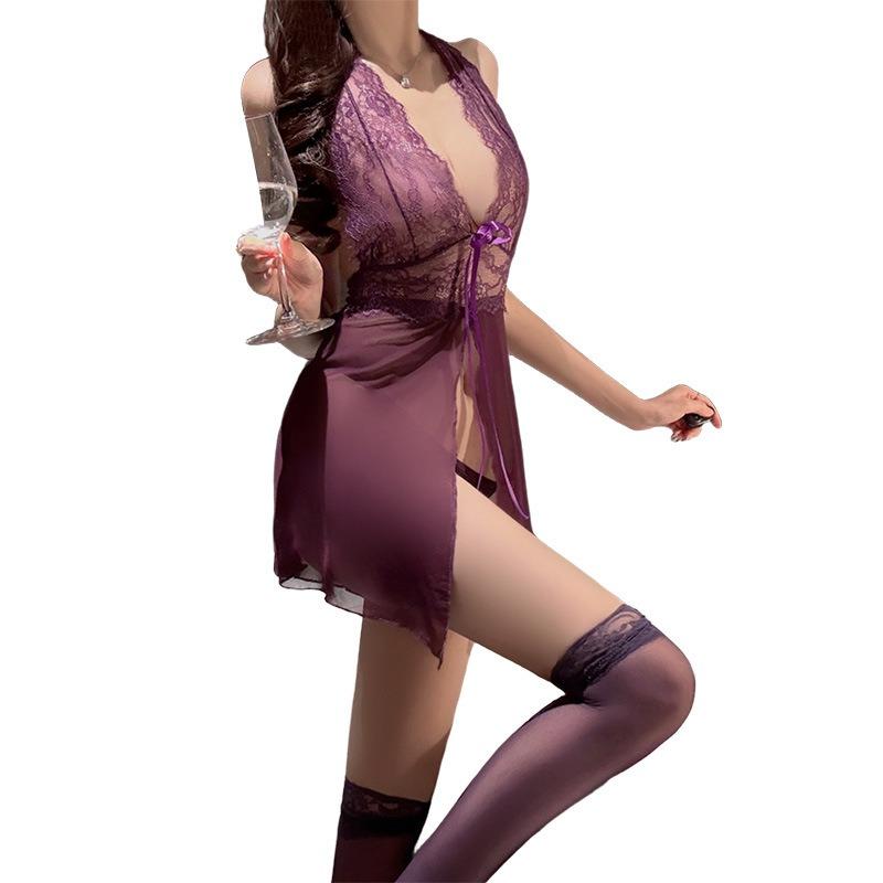 Sexy Lingerie Lace Mesh Suspender Pajamas Purple Pure Desire Perspective Hollow Butterfly Pajamas Hot Free