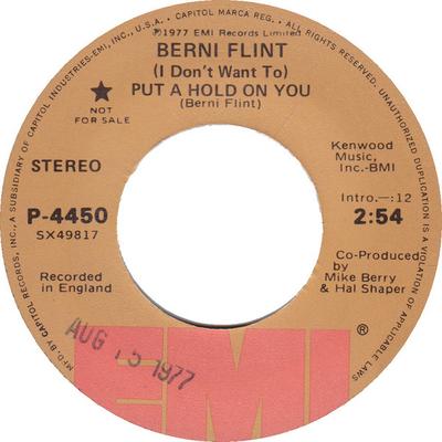 7-Zoll Schallplatte BERNI FLINT - I Don't Want To Put A Hold On You P4450PROMO EMI 1977 US Rock Gebraucht