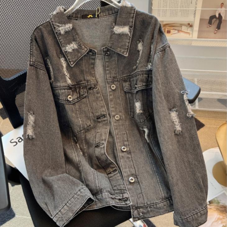 

Джинсовая куртка больших размеров Весна и осень Винтажная джинсовая куртка Куртка с дырками Кардиган Топы 6XL