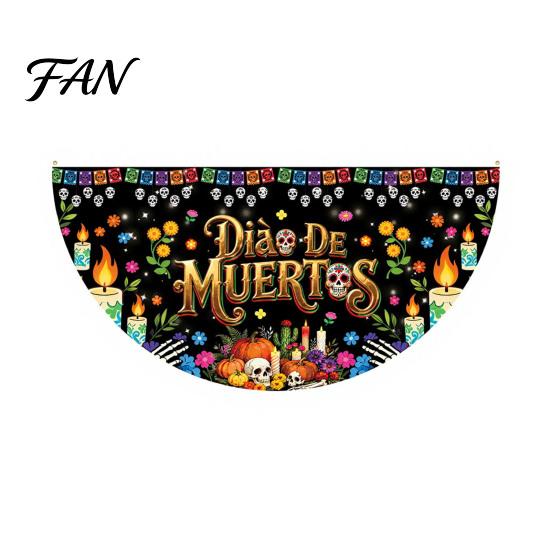 Reusable Party Entrance Sign Day of The Dead Skull Bunting Banner, Marigold Print Fiesta Unique Fan Shaped Banner Hanging Flag, Colorful Sugar Outdoor