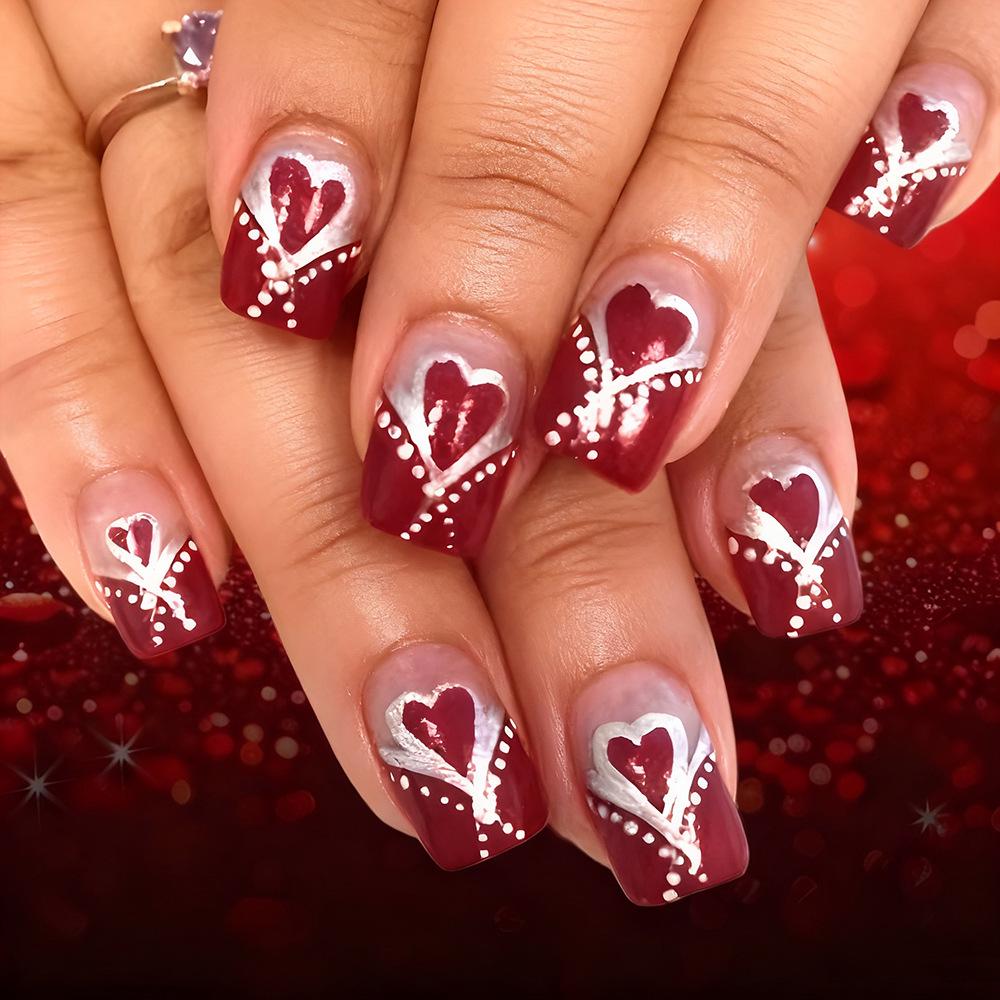 Valentine s Day European & American Style Medium-Length False Nails - Red Heart & Silver Polka Dot French Design, 24 Pieces
