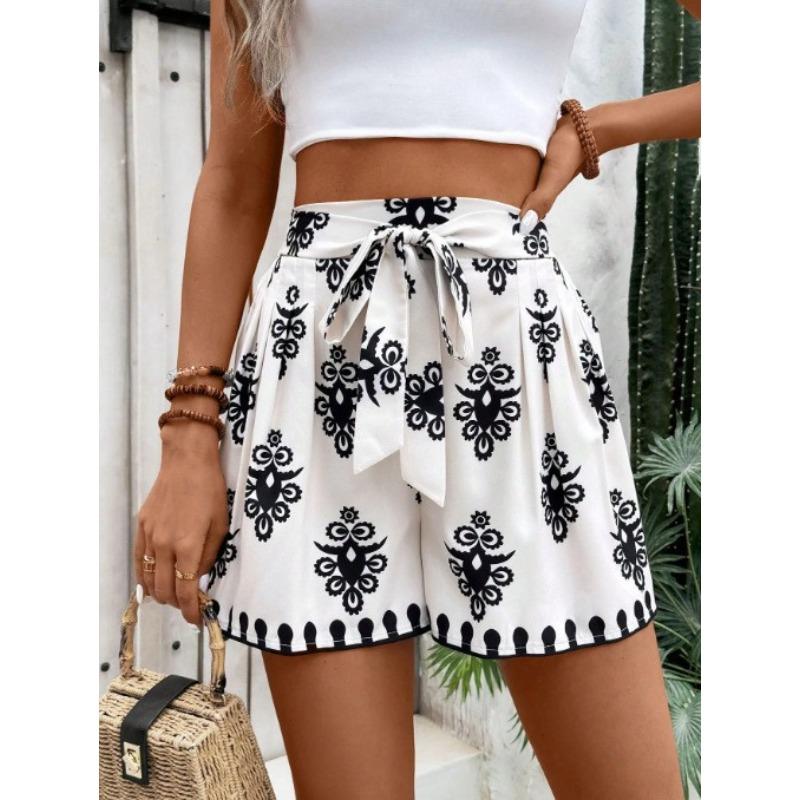 

Women s Geometric Print High Waist Shorts With Tie Waist S