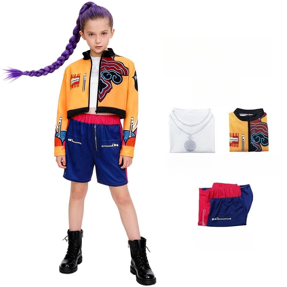 3pcs/set Girls Lead Vocalist Rumi Yellow Printing Cosplay Costume Children Party Stage Performance Jacket Vest Shorts Set