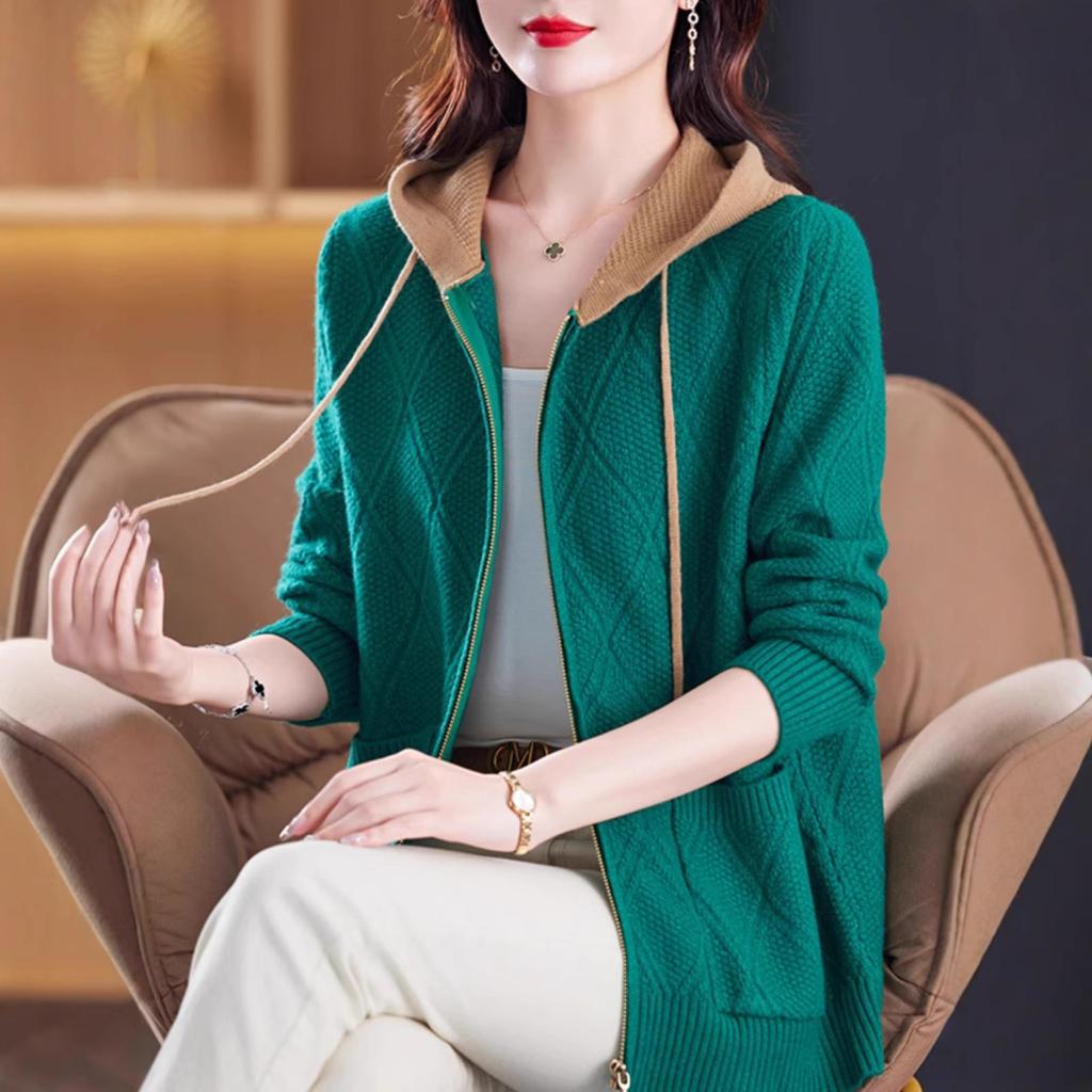 Spring and Autumn Women's Cardigans Sweaters Zippered Tops Stylish Hooded Sweater Jackets